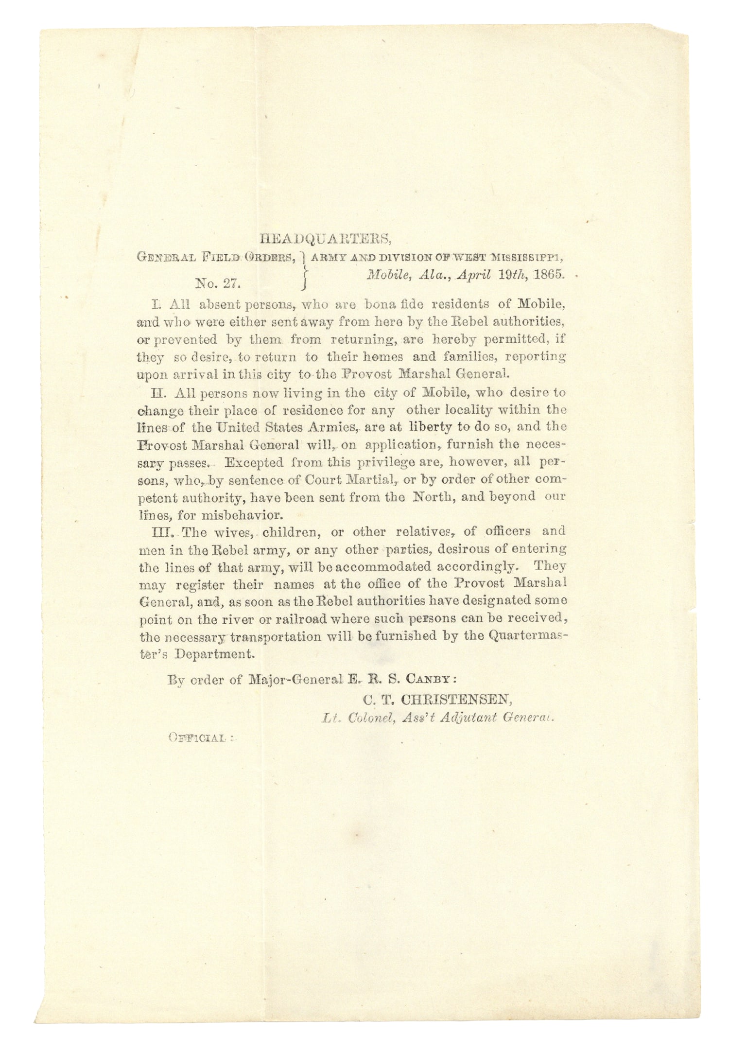 General Canby Broadside Pertaining to Refugees from Mobile (1 of 2)