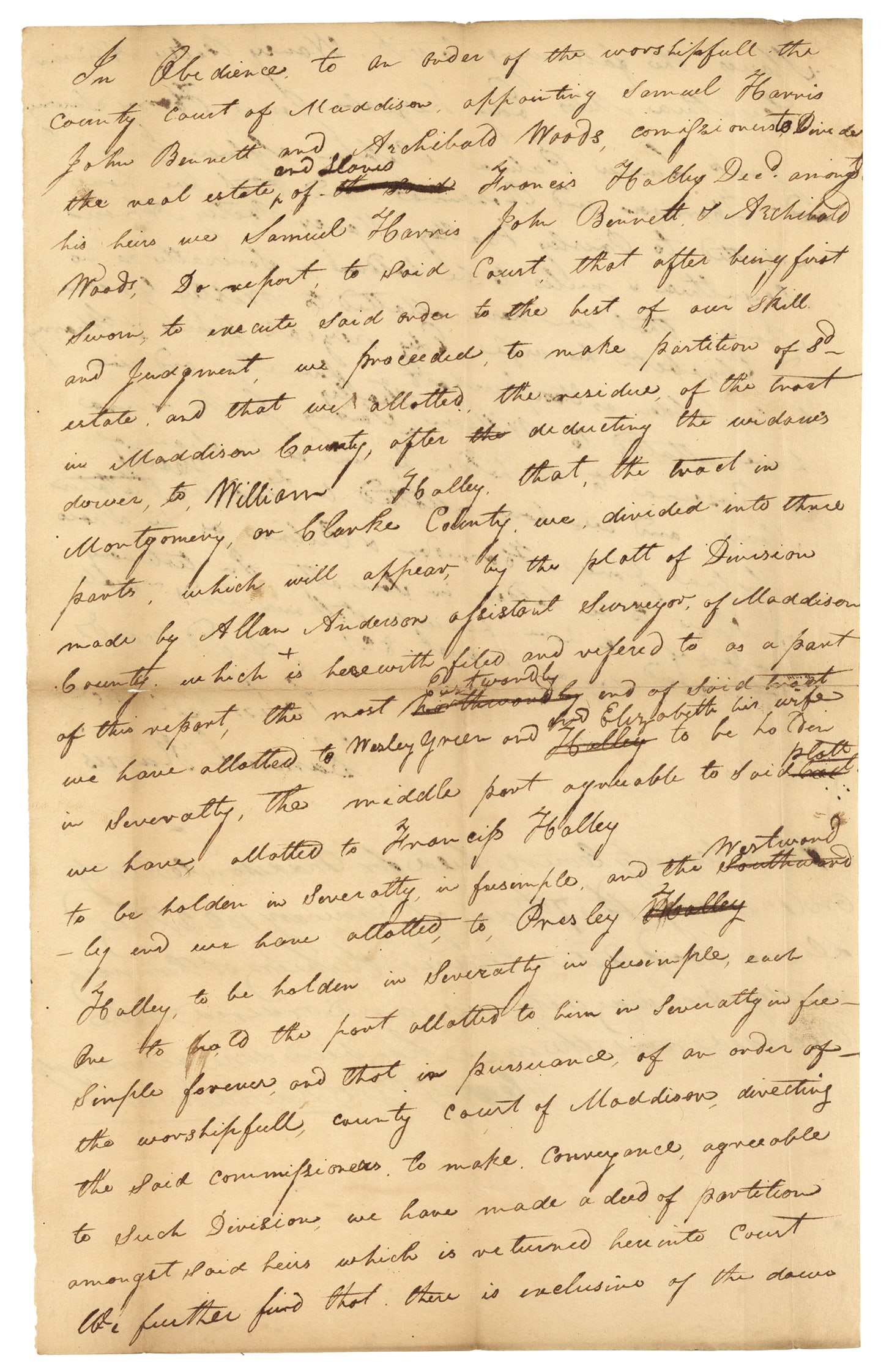 Slave Plantation Document Lists Slaves by Name and New Owners: Autograph Document Signed by Archibal Woods as well as John Bennett and Samuel Harris, 2pp folio, Agust 22, 1821, recording the division of slaves and plantation property of Francis Holley of Madison