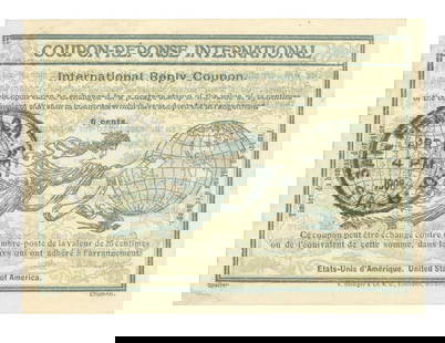 1908 San Francisco International Reply Coupon: International Reply Coupon, printed in green and blue. 6 cents. The first type of reply coupon issued by the U.S. with cancellation 'SAN FRAN CAL/ STA B/APR 1, 1908" . The reverse has instructions