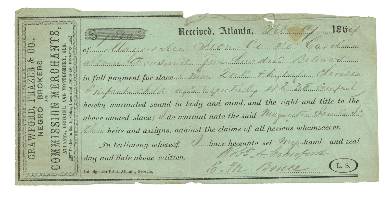 Negro Brokers - Atlanta, Georgia Confederate Slave Sale: Rare partly printed Document Signed, being a professional slave dealer's bill of sale for "CRAWFORD, FRAZER, & Co., NEGRO BROKERS and COMMISSION MERCHANTS, ATLANTA, GEORGIA, and MONTGOMERY, ALA." issu