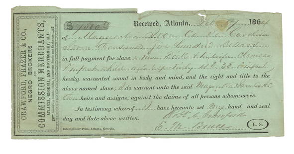 Negro Brokers - Atlanta, Georgia Confederate Slave Sale: Rare partly printed Document Signed, being a professional slave dealer's bill of sale for "CRAWFORD, FRAZER, & Co., NEGRO BROKERS and COMMISSION MERCHANTS, ATLANTA, GEORGIA, and MONTGOMERY, ALA."