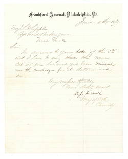 Frankford Arsenal Letter .45 Caliber Gun 1877: Letter Signed "T.J. Treadwell" as Major of Ordnance, 1pp quarto, on nice "Frankford Arsenal, Philadelphia, Pa." letterhead, addressed Mr. J.F. Whipple, it reads in most part: "...In answer to our