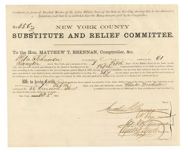 Civil War New York Draft Document Signed by Boss Tweed: TWEED, William Magear "Boss" (1823-1878) was an American politician most notable for being the political boss of Tammany Hall, the Democratic Party's political machine that played a major role in the