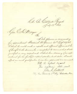General John Caldwell 1862 ALS to Gov. Morgan: CALDWELL, John Curtis (1833-1912) was a teacher, a Union general in the American Civil War, and an American diplomat. Caldwell's bloodiest combat experience was at the Battle of Gettysburg on July 2,