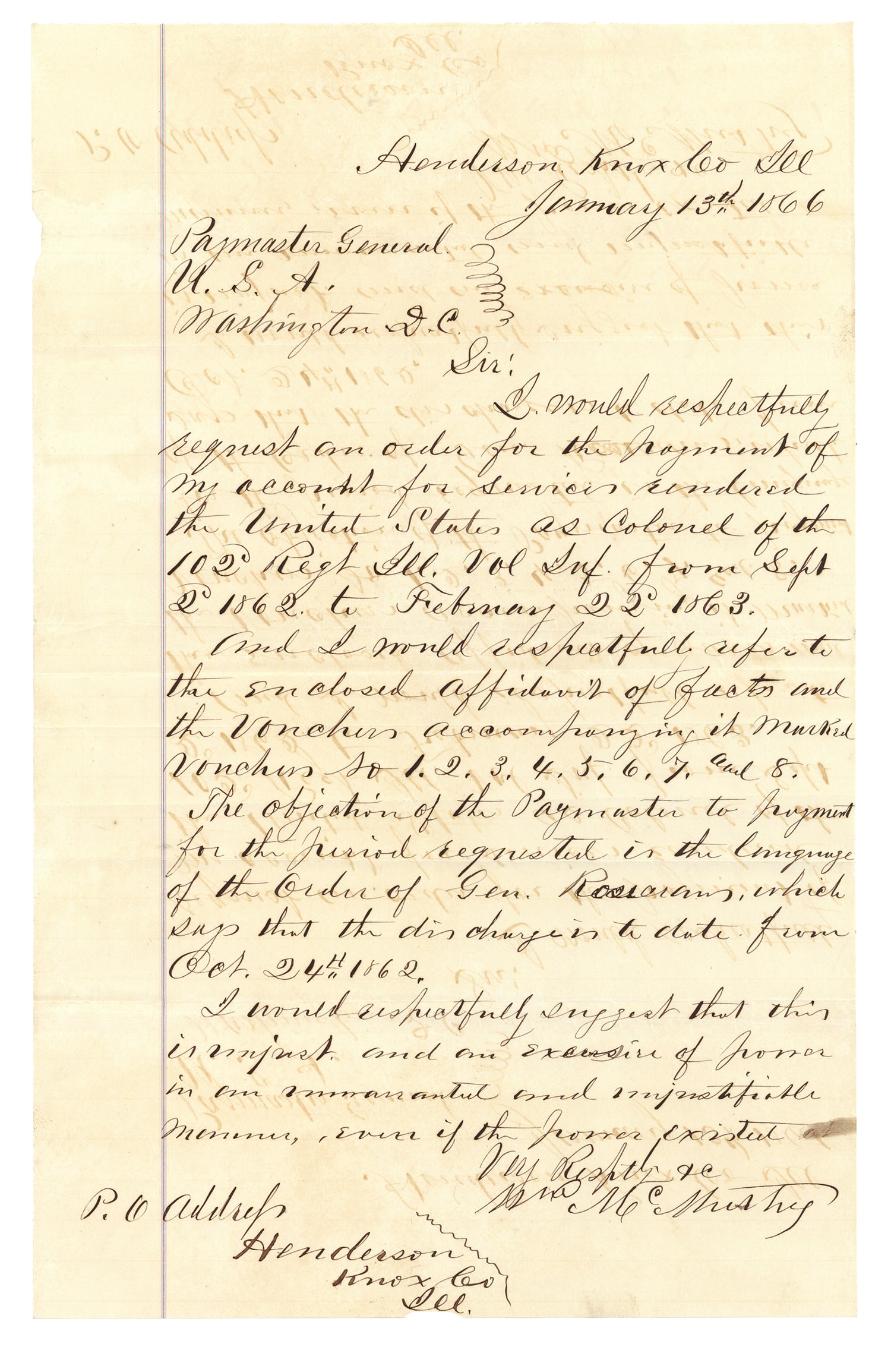 Col. William McMurtry 102nd Illinois Letter: MCMURTRY, William (1801-1875) was the 11th Lieutenant Governor of Illinois and a colonel in the Union Army during the American Civil War. Autograph Letter Signed "Wm. McMurtry" 1pp folio, January 13, 