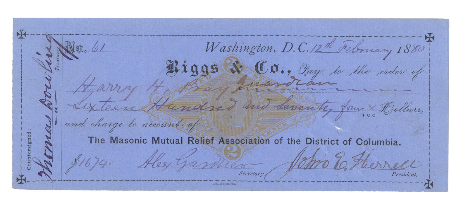 Civil War Photographer Alexander Gardner Signed Check: GARDNER, Alexander (1821-1882) Scottish-American photographer who immigrated to the United States in 1856, where he began to work full-time in that profession. He is best known for his photographs of