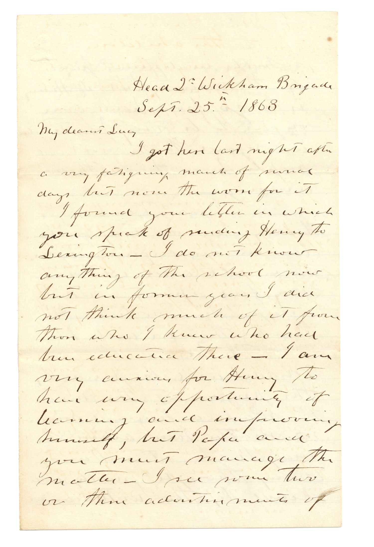 Confederate General Content Letter - General Lee Preparing for Battle, Longstreet and more: War-date Autograph Letter Siged "W.C. Wickham" 4pp. octavo, Head Quarters Wickham Brigade, September 25, 1863, , with good content it reads in part: "...I got here last night after a very fatiguing ma