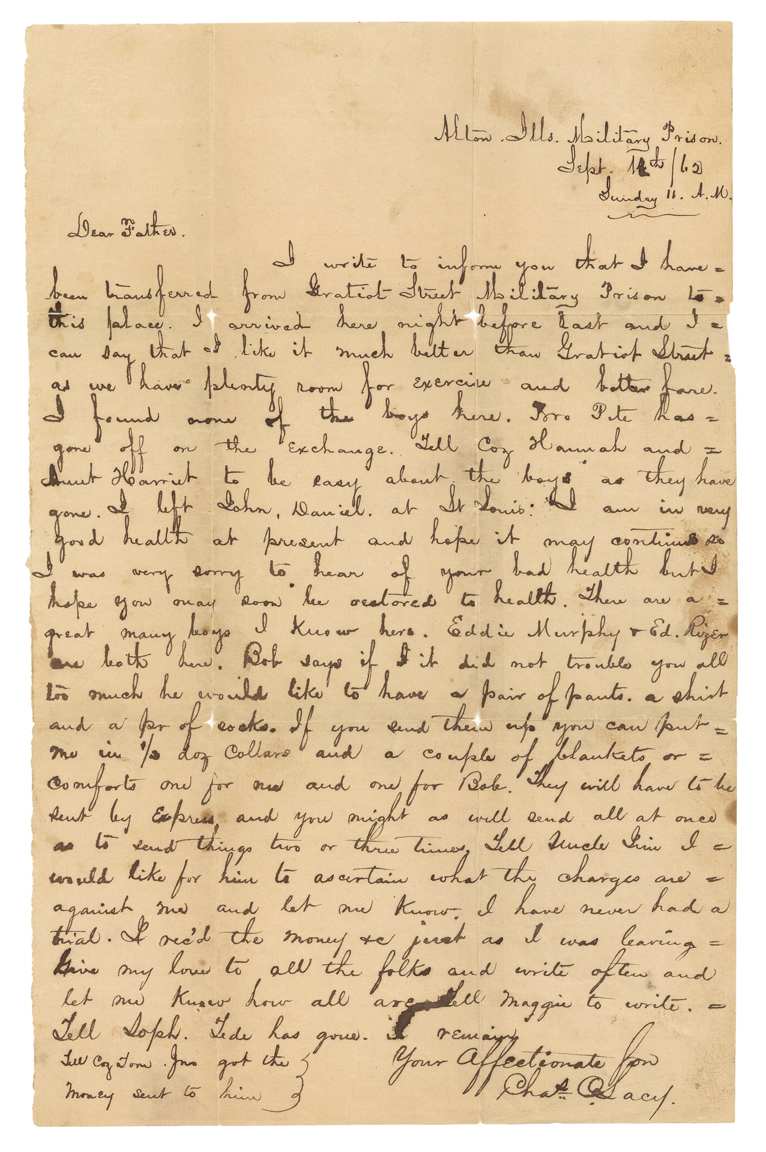 Confederate Texas Prisoner of War Letter from Alton, Illinois Military Prison 1862: Rare Confederate soldier Prisoner of War Autograph Letter Signed “Chas. Lacy” 1pp. Folio, Alton, Illinois Military Prison, September 10th, 1862, addressed to his father it reads in part: “..