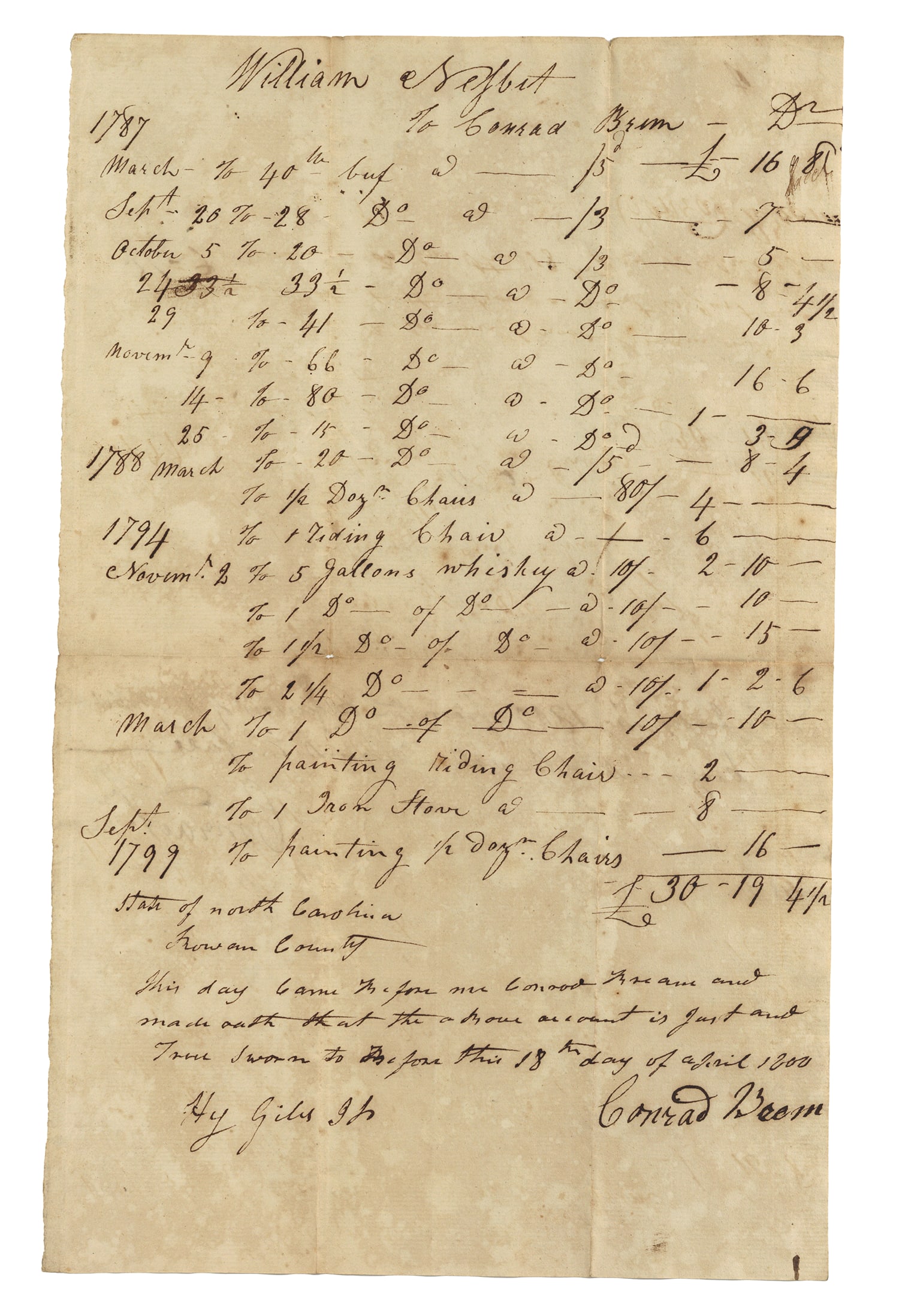 North Carolina Furniture Maker 18th Century Document Whiskey & Chairs: Autograph Document Signed “Conrad Bream” a skilled Turner in Rowan County, North Carolina, 1pp folio, laid paper, April 18, 1800, recording sales made to William Nesbit, and work performed. 17