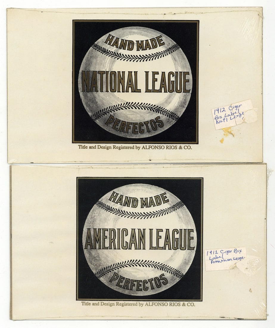 MLB Cigar Box Labels: Cigar box label, 8-?”x5-½”, printed in gold and black. “Hand Made Perfectos/ National League” over baseball. “Title and Design Registered by ALFONSO RIOS & CO.” Fine