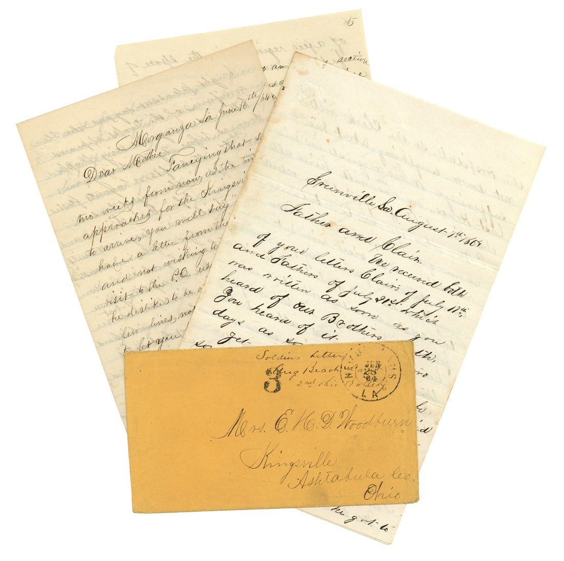 2nd Ohio Light Artillery Letters with Great Content on Generals Sickles and Emory: Pair of Ohio soldier's letters from brothers Dudley and Justus Woodburn of the 2nd Ohio Light Artillery, includes: War-date Union soldier Autograph Letter Signed by Justus H. Woodburn, 6pp octavo, Mor