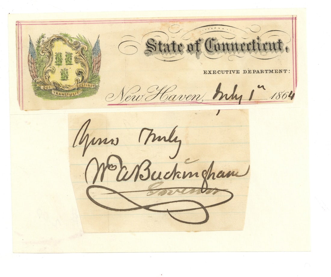 War-date Autograph of Governor Buckingham 1864: BUCKINGHAM, William Alfred (1804-1875) was an American politician who served as the governor of Connecticut during the Civil War and later as a United States senator. A strong supporter of Abraham Lin