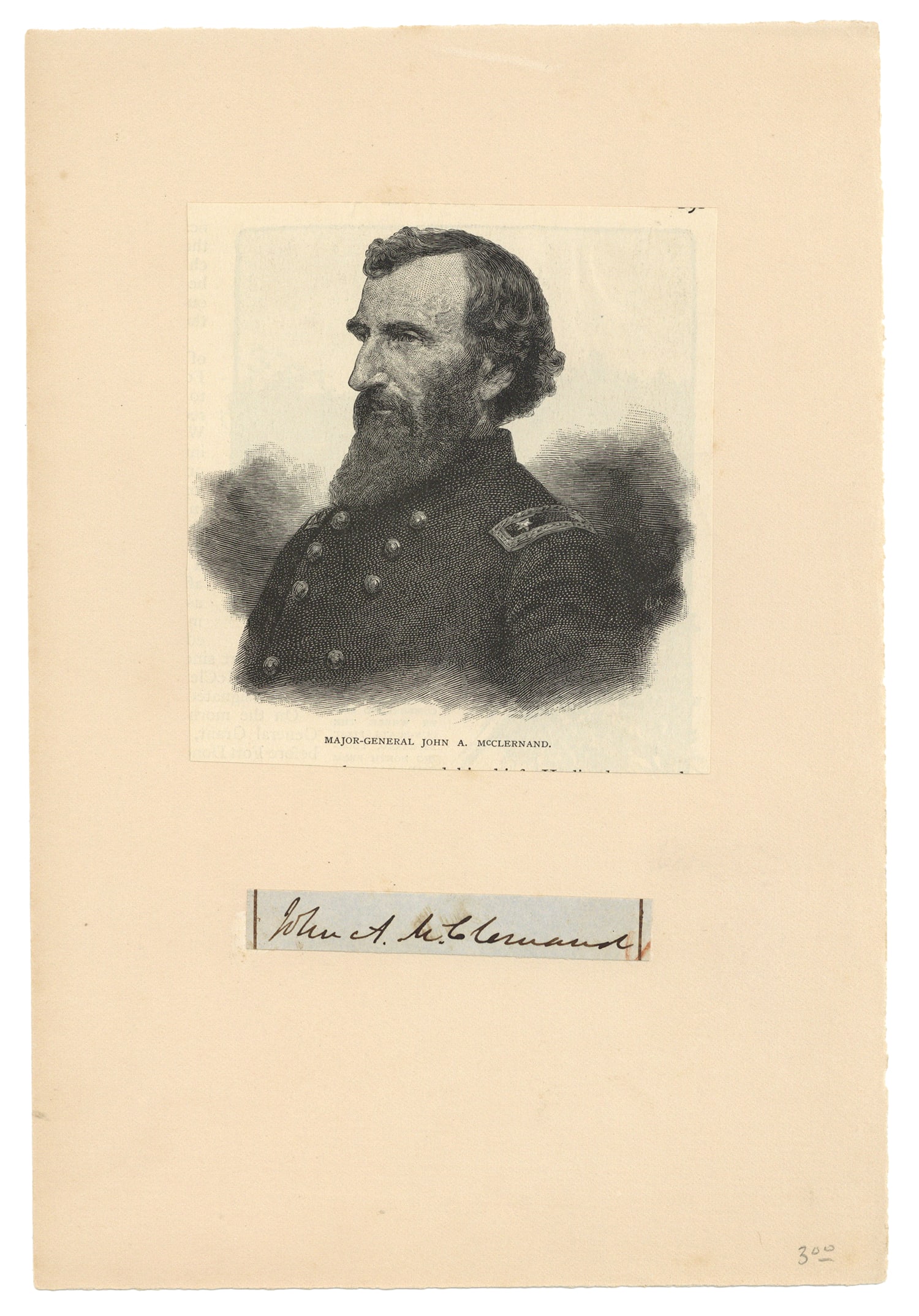 Autograph of Union General McClernand: McCLERNAND, John Alexander (1812- 1900) was an American lawyer, politician, and a Union Army general in the American Civil War. He was a prominent Democratic politician in Illinois and a member of the