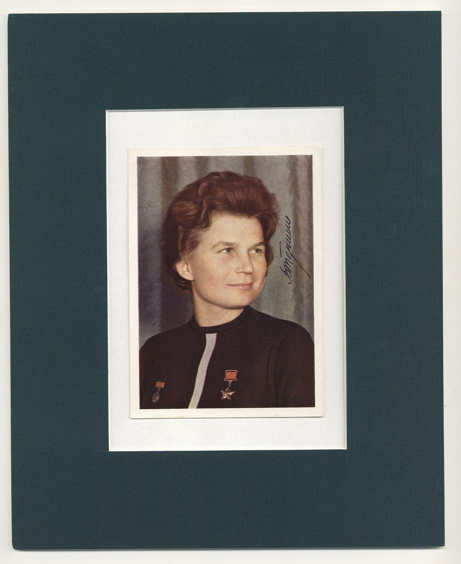 Signed by the First Woman in Space: TERESHKOVA, Valentina Vladimirovna (b1937) is a Russian engineer, member of the State Duma, and former Soviet cosmonaut. She was the first woman in space, having flown a solo mission on Vostok 6 on 16