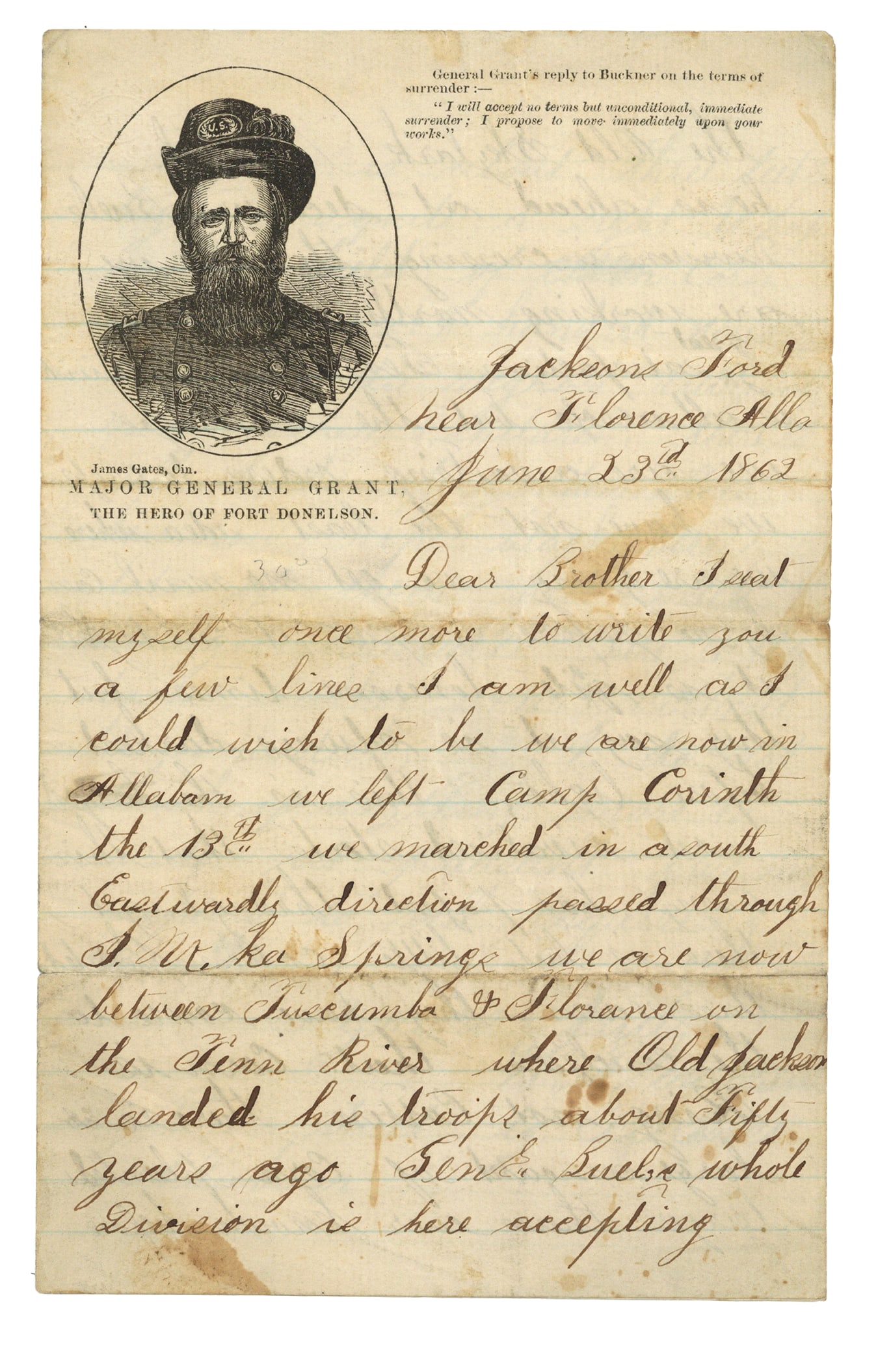 1st Ohio Light Artillery Major General Grant Lettersheet - Slaves Content: War-date Union soldier Autograph Letter Signed by William T. McGrew, Battery A, 1st Ohio Light Artillery, 3pp octavo, on great MAJOR GENERAL GRANT "The Hero of Fort Donelson" lettersheet, Jackson Ford