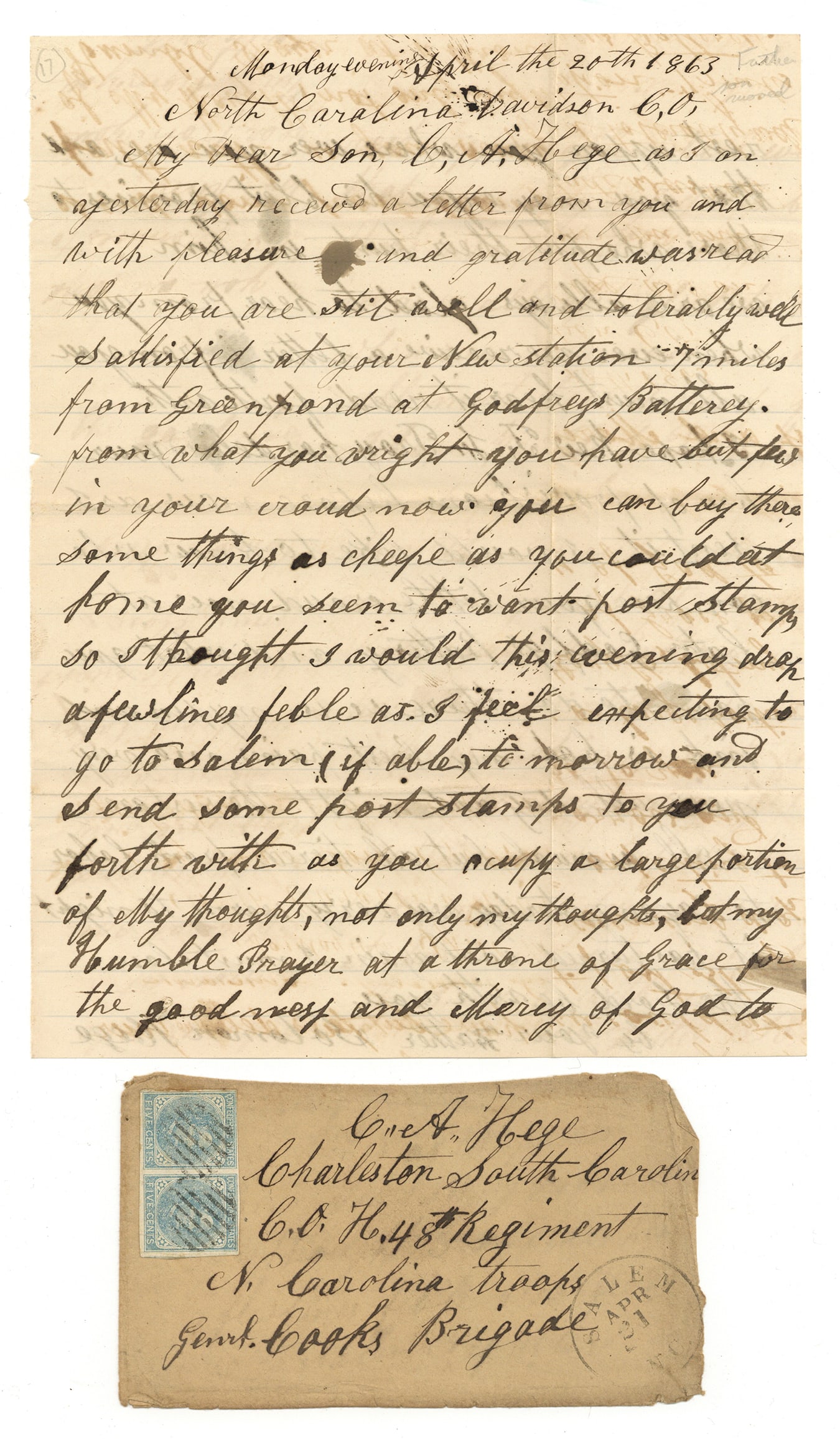 Confederate Letter 48th North Carolina Infantry w/ CSA Cover: War-date Confederate letter by Solomon Hege (1813-1875), 2pp quarto, April 20, 1863, Davidson County, North Carolina, written to his son Constantine Alexander Hege (1843-1914) POW at Bristoe Station O