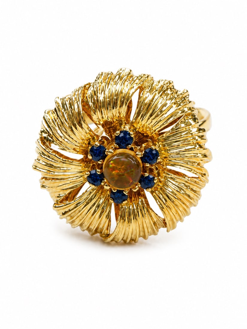 Estate Opal and Sapphire 14k yellow flower ring: weighs 3.79 dwt 20m x 15m ring size 6.75 opal 4m, 6 - sapphire 1.5m