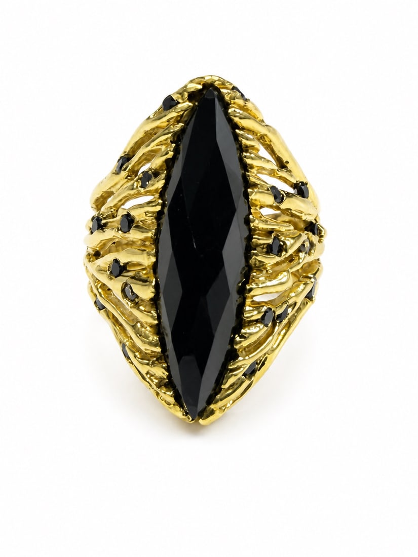 UNIQUE BERTONI HANDCRAFTED DESIGNER BRANCH RING WITH 18K YELLOW GOLD & ONYX with diamonds: Weighs (8.84 DWT) in 18k with 25M X 20M Checkerboard custom cut marquise onyx 14 black diamonds aprox. (23pts)& 6 white diamonds (10 pts)