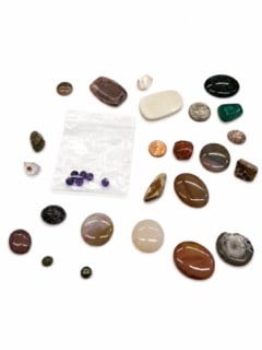 Unique Gemstone Collection #2: 6- 8 mm amethyst Cabachon round malachite, fossil quartz, pyrite, agate, unakite and more