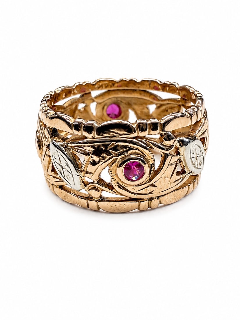 ANTIQUE ESTATE 14K ROSE GOLD RUBY & DIAMOND RING: Weight is 3.01 DWT RING SIZE 5.75 Lovely piece with RUBY AND DIAMOND CARVED RING