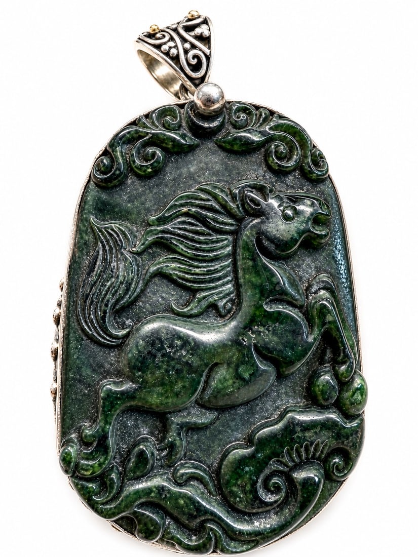 Heavy Sterling silver carved horse black stone: Intricate metal work and carving on pendant weighs 32.49 dwt