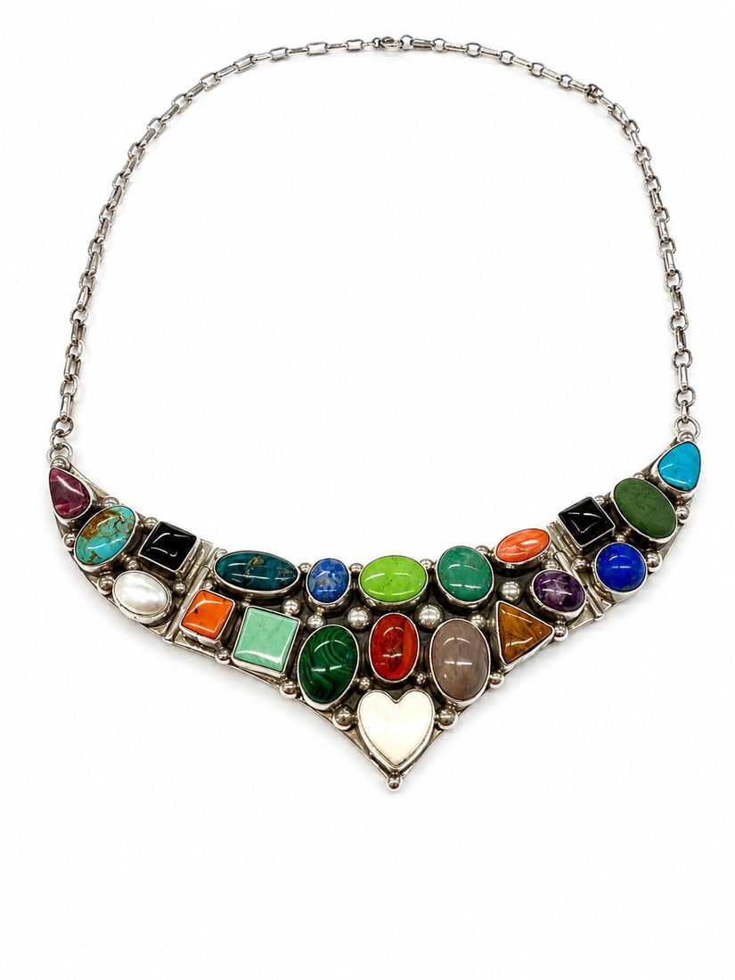 Signed Emer Thompson Navajo Sterling Native American multi-stone Necklace: Handmade hinged necklace 21 inch Turquoise, spiny oyster, lapis, coral, garnet gemstones pearl, amber, malachite and more
