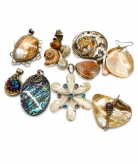 Sterling Silver Wholesale Shell pendant collection: Handmade mother of pearl base metal earrings & 7 shell & silver pendants Gemstones include Amethyst, Blue Topaz, iolite, smokey quartz