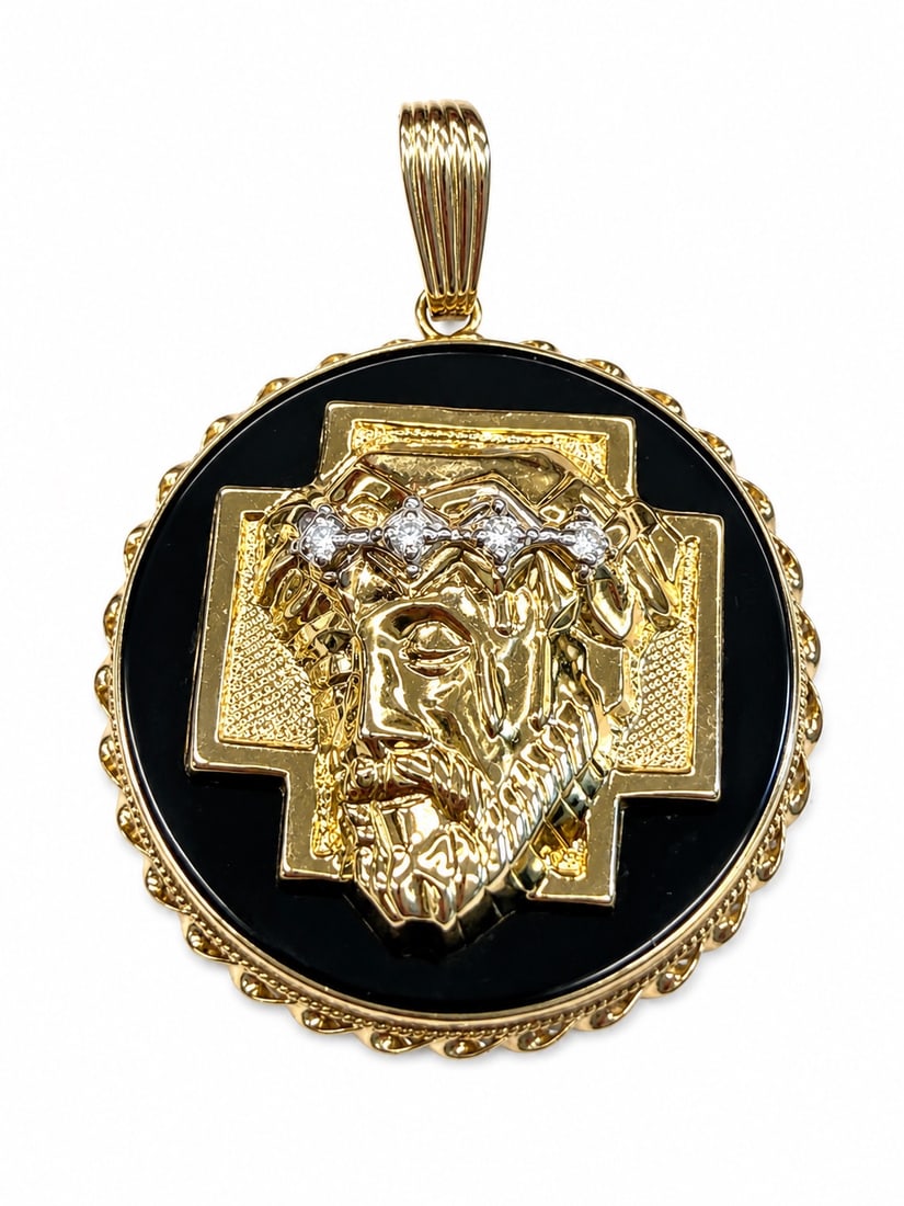 ESTATE 14K GOLD & ONYX Jesus Christ carved head with diamond crown pendant: Stamped 14k 5.42 weight dwt, 1980's vintage men's pendant
