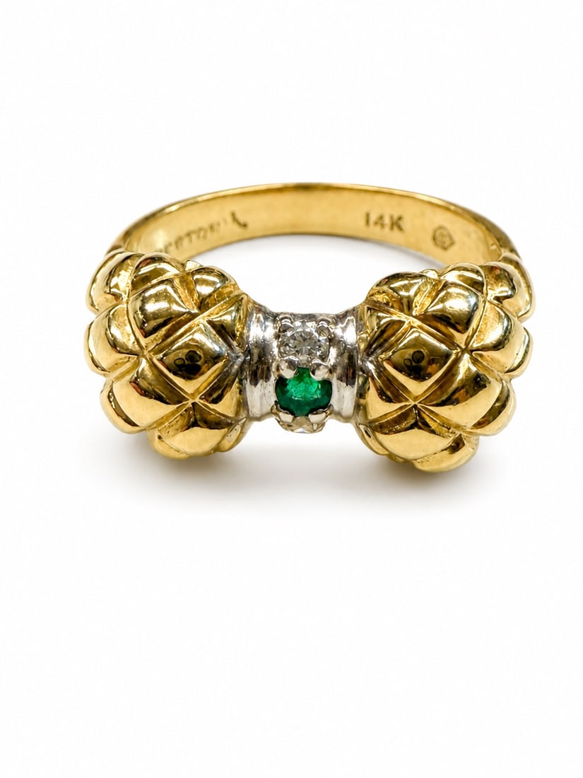 Designer handmade 14k & emerald & diamond Ring by Bertoni: New old stock Unique handmade 3.16 dwt of 14k gold emerald & diamond