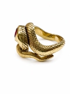 Estate Antique solid snake ring in 14k & Ruby - 2