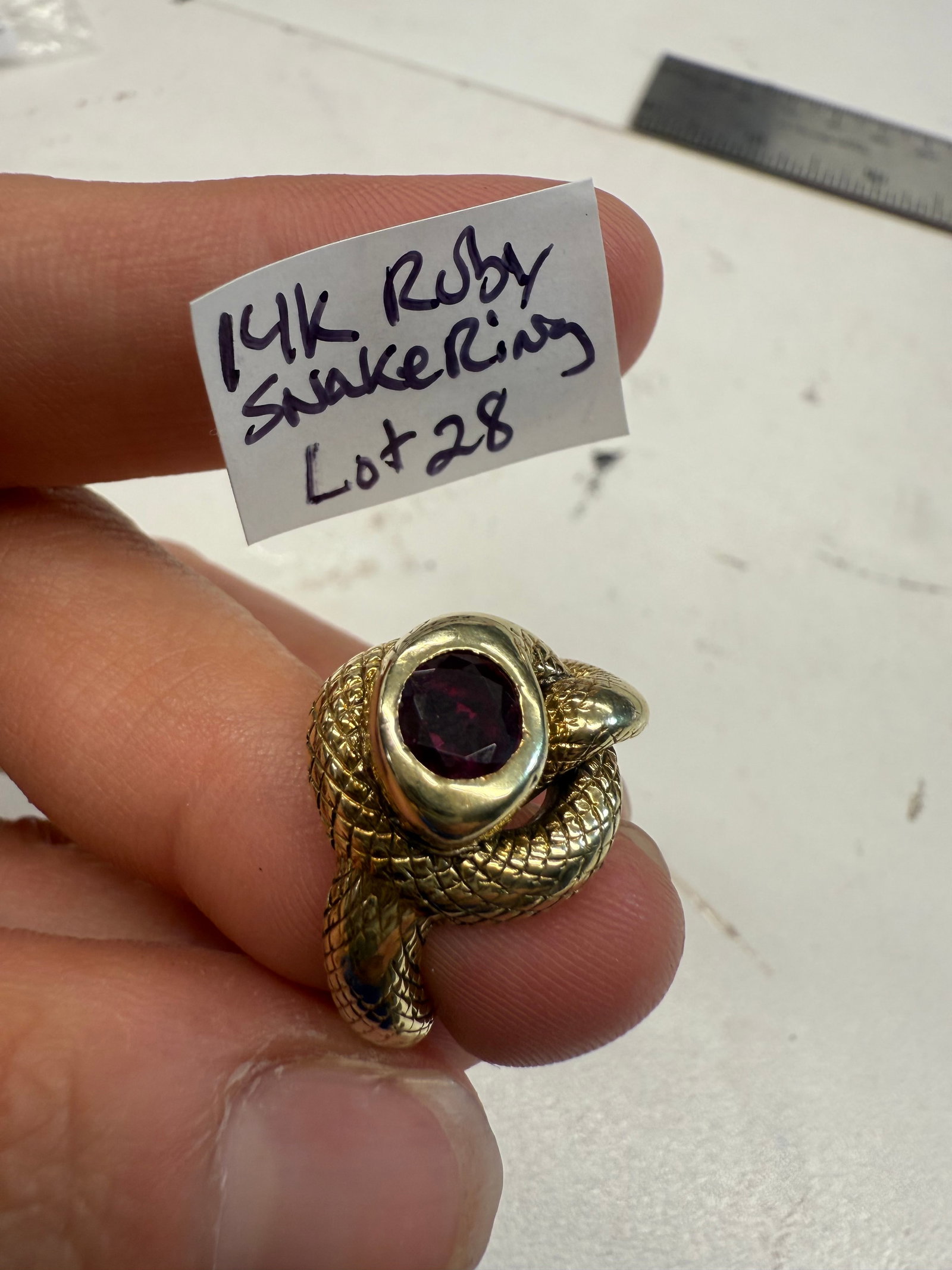 Estate Antique solid snake ring in 14k & Ruby - 6