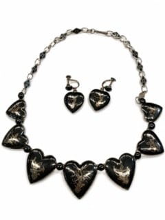 VINTAGE SIAM STERLING SILVER NIELLO SET NECKLACE & EARRINGS: UNIQUE STERLING SILVER SET