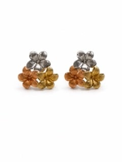 Tricolor 14k floral stud earrings: Satin and high polish 10.5 x 10.5mm ( weight 1.42 dwt)