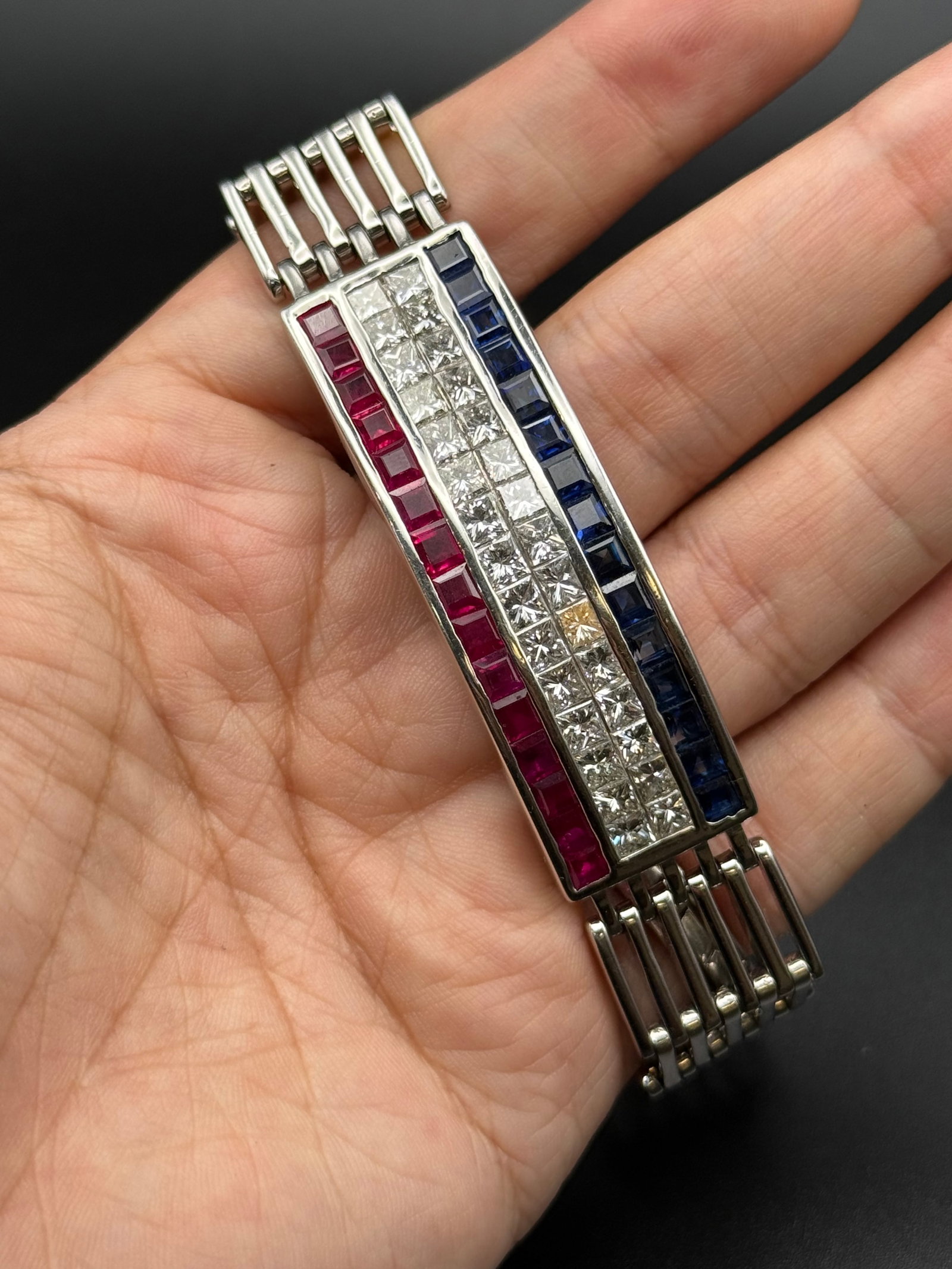 14k solid White gold Heavy Men's heavy Bracelet 8 inch x .75 inch: weigh (80.8g) 15 x 3.5 princess Genuine ruby,15x 3.5 sapphire 30 x 3.5m princess cut (7.5 cts ) earth mined white diamonds