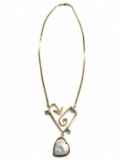 14k Yellow pearl and blue topaz necklace: Handcrafted designer necklace 18" with pearl & blue topaz (weight 14.23dwt )