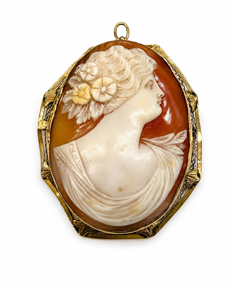 14k intricate gold work with genuine cameo carving pin/Pendant (1 of 6)