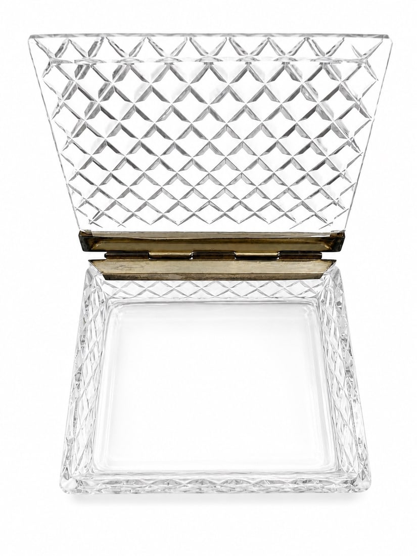 Crystal trinket jewelry box with sterling hinges: vintage Beautiful mid century crystal box 4 w " X 6L" 1.5" D