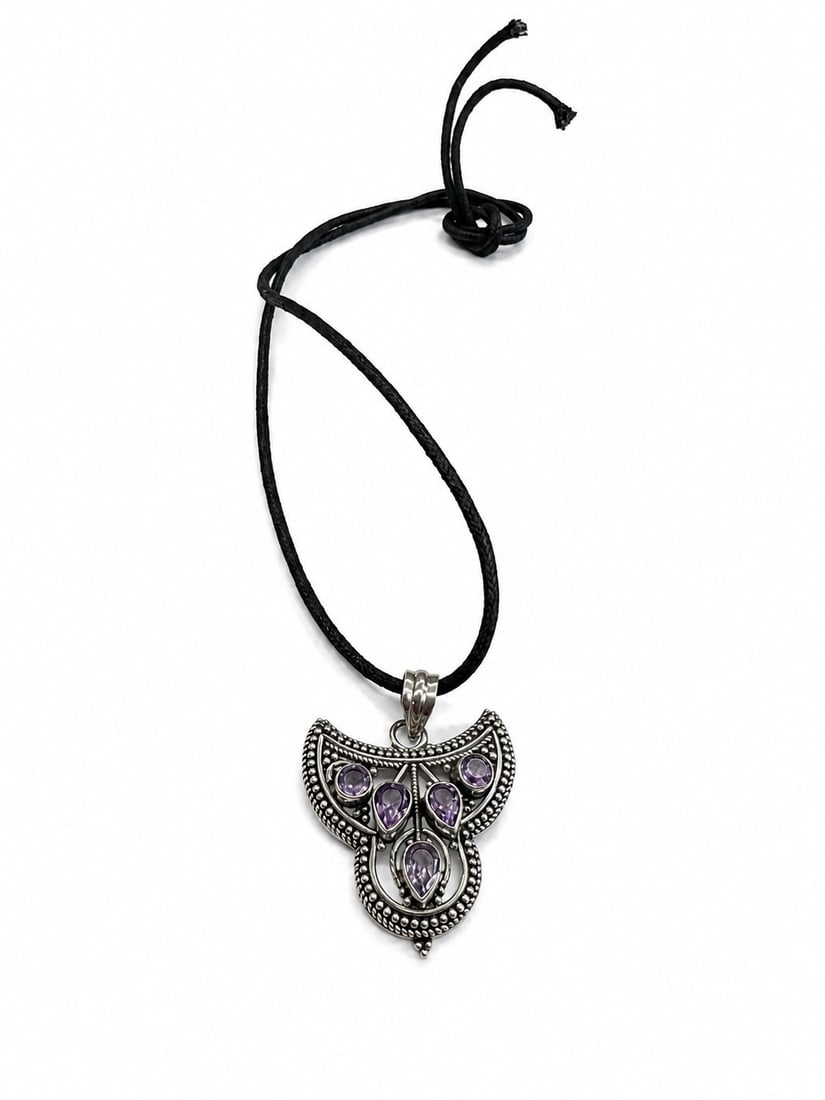 Sterling Silver Five Amethyst Bali Pendant Necklace (1 of 5)