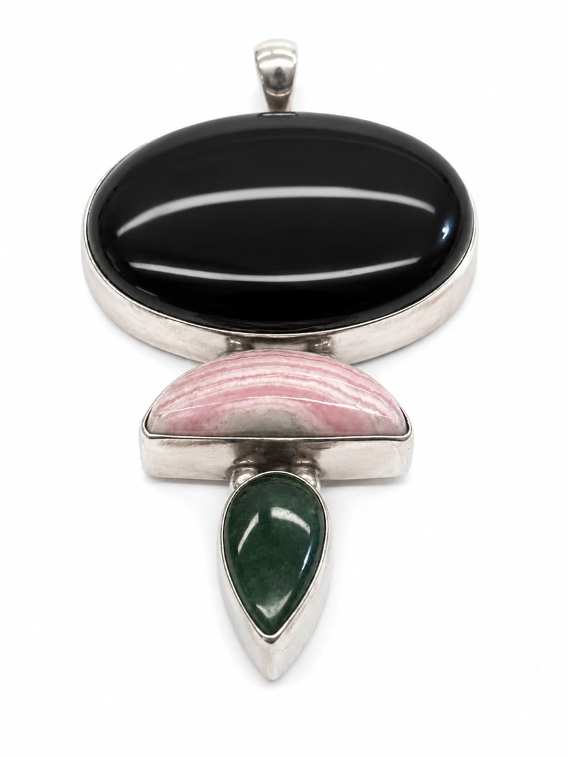 Sterling Silver Black Onyx Rhodalite & malachite large Pendant (1 of 5)