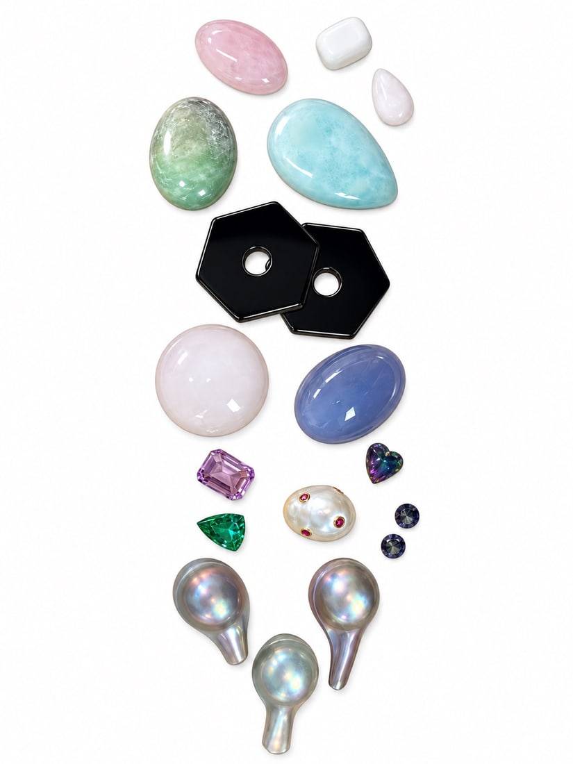 Unique Mixed Gemstone collection: Mystic Topaz Heart 3.46ct and Mystic Topaz Round Pair 6mm 1.78ct Amethyst 3.94ct Fresh Water Cabochon mabe pearls 60.3ct Fresh Water Pearl with gold and gemstones inlayed 14.31ct Synthetic bright