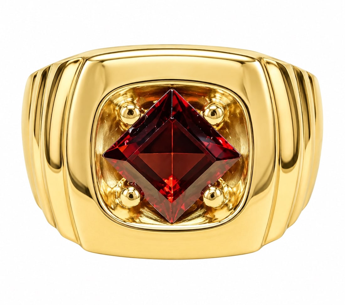 14K Gold Vintage Statement Mens Ring with faceted square center garnet: 14K Yellow Gold heavy Mens Ring (Size 8) Weight 7.3 DWT has a beautiful square garnet set with heavy prongs in the center. Has been polished recently.