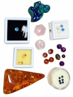 Assorted Gemstones: Amber, Rose Quartz, Opal, Blue Sapphire, Synthetic Blue Topaz, Citrine, White Topaz