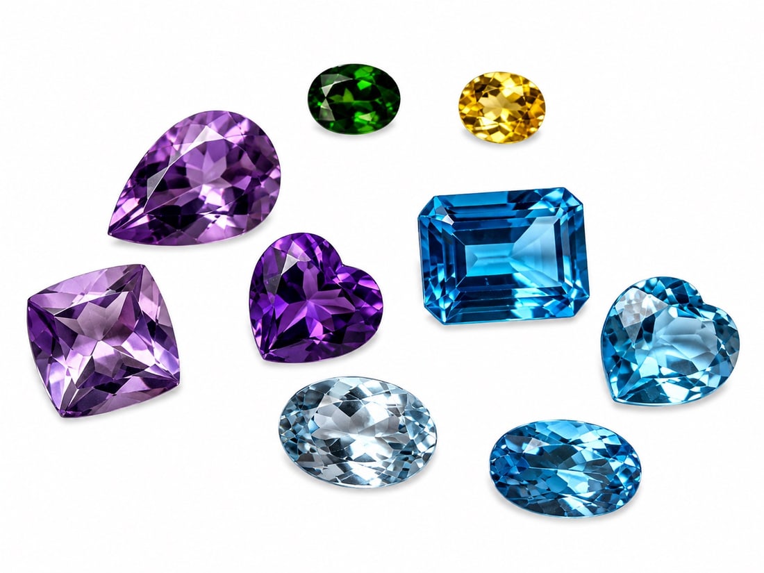 Authentic Multi Gemstone Set: Amethyst pear 7x10,square 7x7, Heart 7x7, Blue Topaz, Emerald cut 9x7, Heart 7x7,small oval 7x4, large oval 7x5, emerald oval 6x4, Citrine oval 5x4