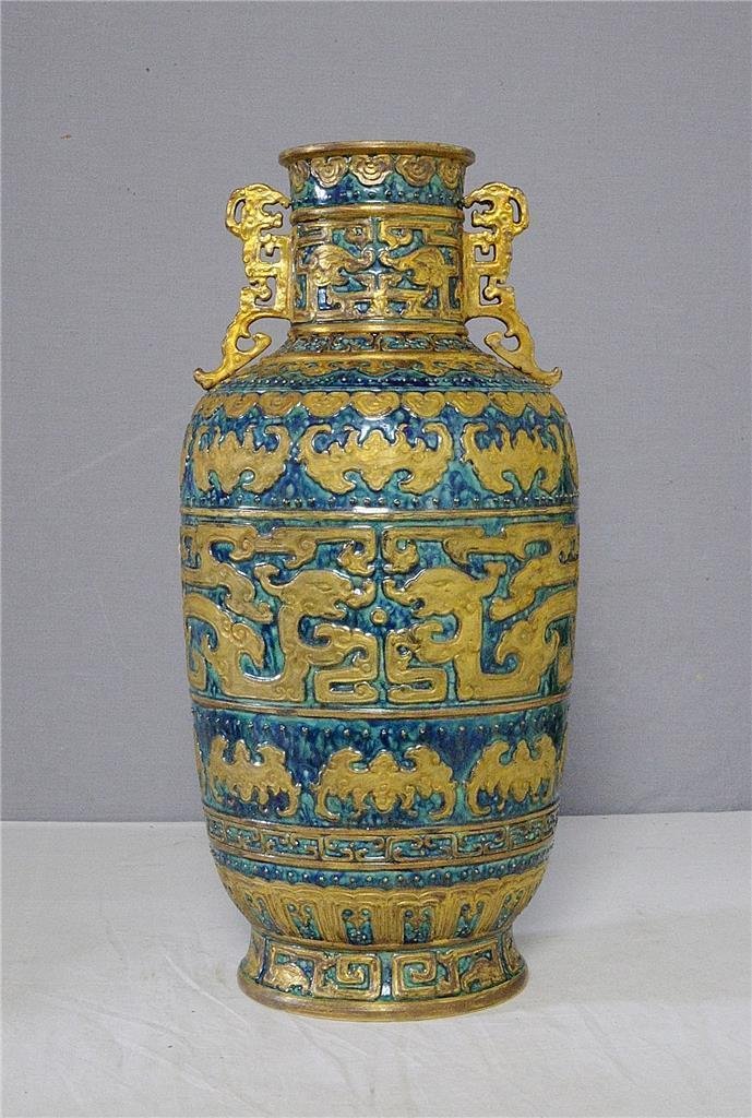 Chinese Lu-Jun Glaze Porcelain Vase With Mark: Chinese Lu-Jun glaze porcelain vase, decorated with gilt bats and other animals. Six gilt Chinese character mark on the base. Good condition. 14.75" height.
