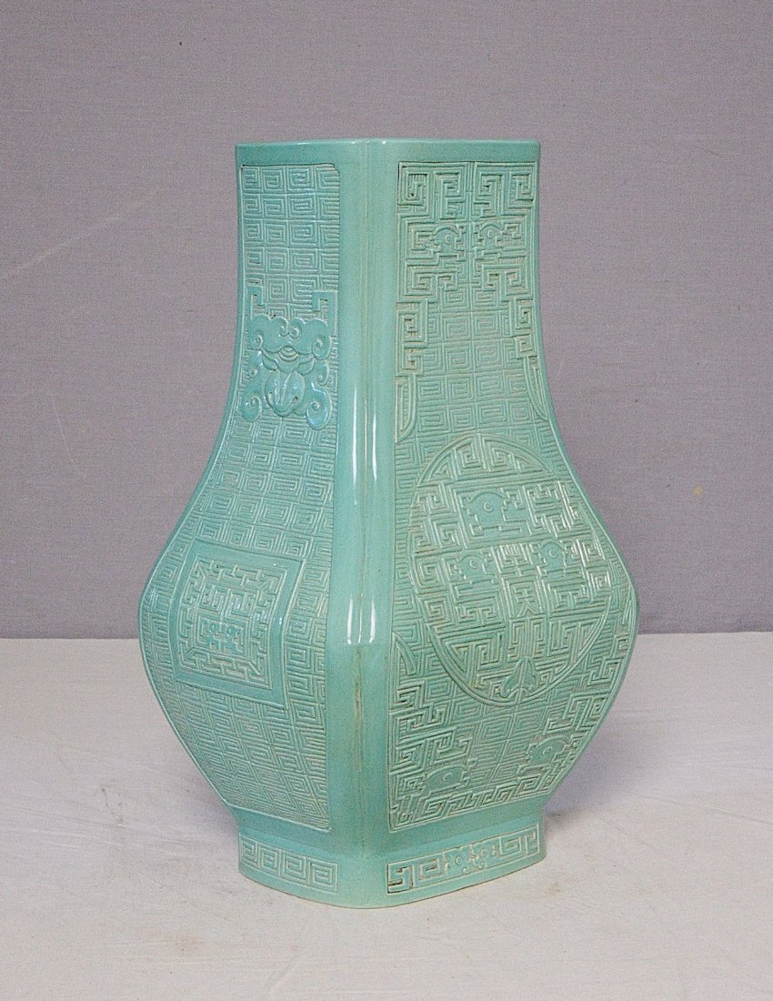 Chinese Lu-Jun Glaze Porcelain Vase With Mark: Chinese Lu-Jun glaze porcelain vase, decorated with relief of lines and flowers. Six relief of Chinese character mark on the base. Good condition. 11.5" height.
