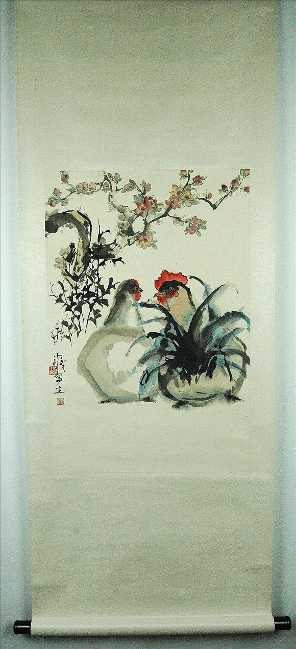 Chinese Scroll Painting: A Chinese scroll painting, color on paper, depicting a rooster and a hen, attribute to Cheng Shi-fa (1921-2007). 62" x 22".