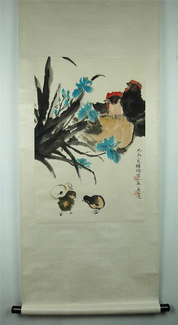 Chinese Scroll Painting: A Chinese scroll painting, color on paper, depicting a rooster, a hen and their chicken, attribute to Cheng Shi-fa (1921-2007). 63" x 22.5".
