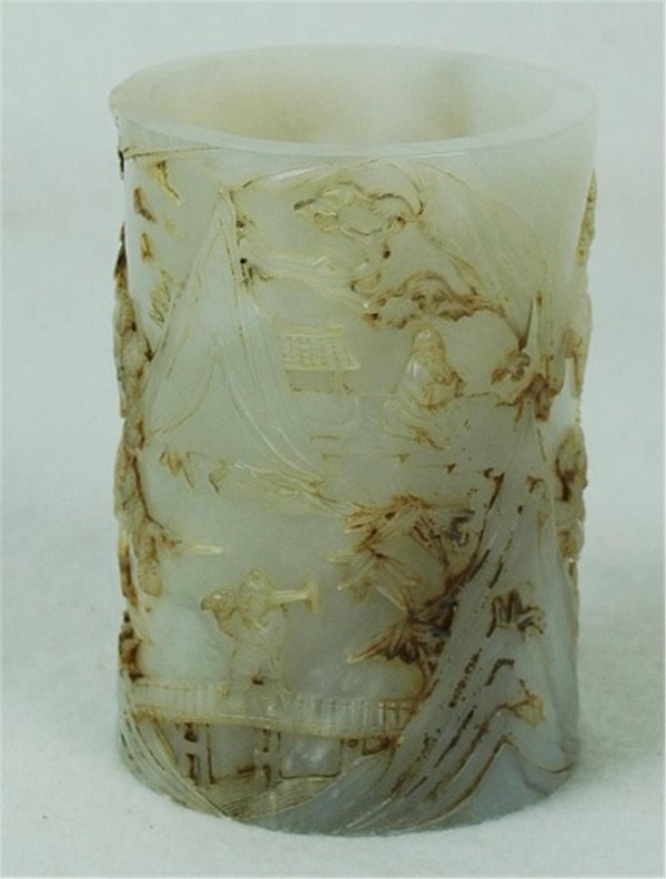 Chinese Carved Jade Pen Holder: Chinese Carved Jade Pen Holder, decorated with mountain view. 4.25"h.