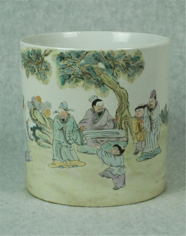 Chinese Famille Vert Porcelain Brush Washer: Chinese famille vert porcelain brush washer, decorated with figurals and Chinese calligraphy. Early 20th century. 8" h.