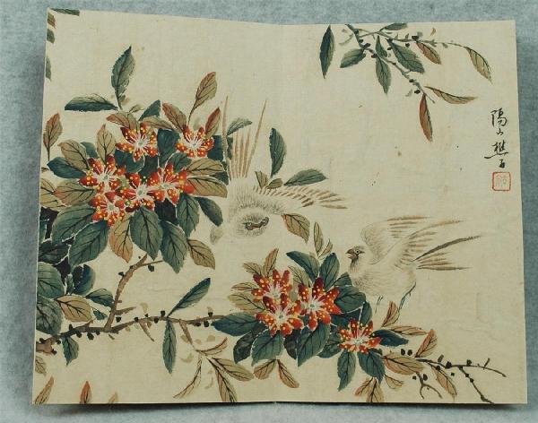 Chinese Paintings Album: Chinese album, Ju Lian ( 1828-1904 ), eight double-page paintings, ink and color on paper, each featuring song birds amid various types of flowering plants or bamboo, one with the cyclical date of ¡�